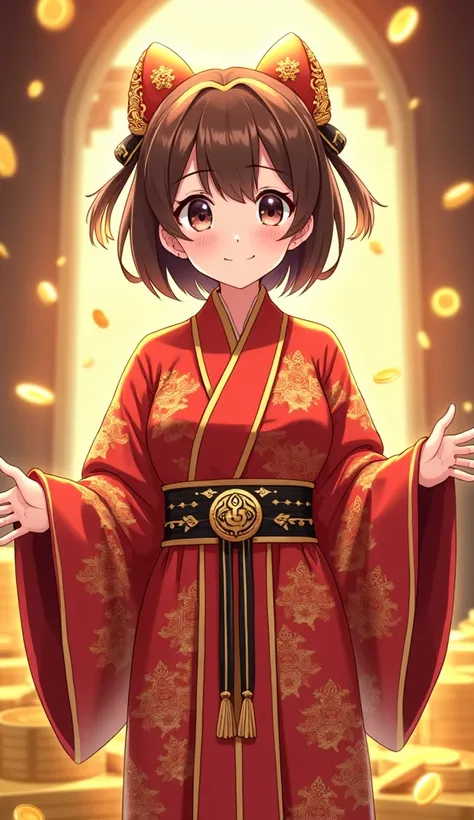 Design a cute anime smiling girl with short brown hair, wearing a luxurious red and gold silk robe, adorned with intricate patterns of currency symbols and golden accents. exuding confidence and charm. The background features an opulent cultural setting, w...