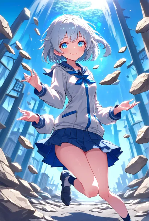 Masterpiece, top quality, highest quality, astral image, high school girl, white hair, short hair, blue eyes, Smiling expression, active character, levitating stones, from forward, ruined city, character focused view, wearing a school suits 