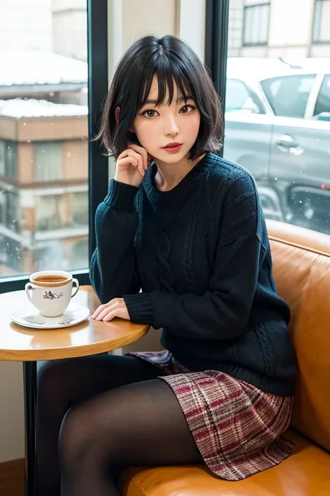 (High Definition), One Lady, Japan Person, Cute, Black Hair Short, wearing Cable Knit, Cross Check Skirt Trad Style For Female, Tights Dark, Sitting on Sofa, Side-Glance, Leaning some cushions, By window, At Hotel Classic Cafe,, A Cup of Coffee & Some Book...