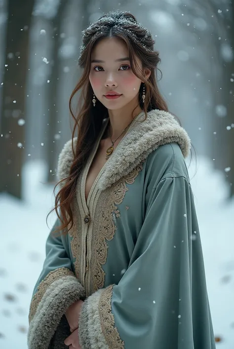 tmasterpiece:1.3)), focus:1.2,  Perfect figure of beautiful woman :1.4, Bokong miring:1.2, ((rambut panjang)), ( Thick robe with long hair :1.1), ( Falling snow  , jalan, stop , forest,  snow cover : 1.3),  Aristocratic lace  ****  your suit : 1.1,  Very d...