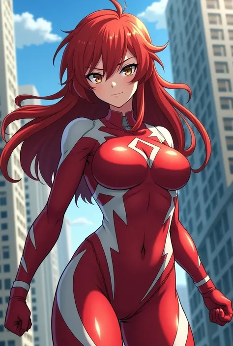  My Hero Academia style ,   anime girl , woman, young woman ,  full body shot ,( Fighting Stance :1.3),Long Hair,  red hair,   brown eyes , hero suit, Full Body Suit,  red suit with white details, perfect anatomy,  enhanced abs , super detailed,(building:1...