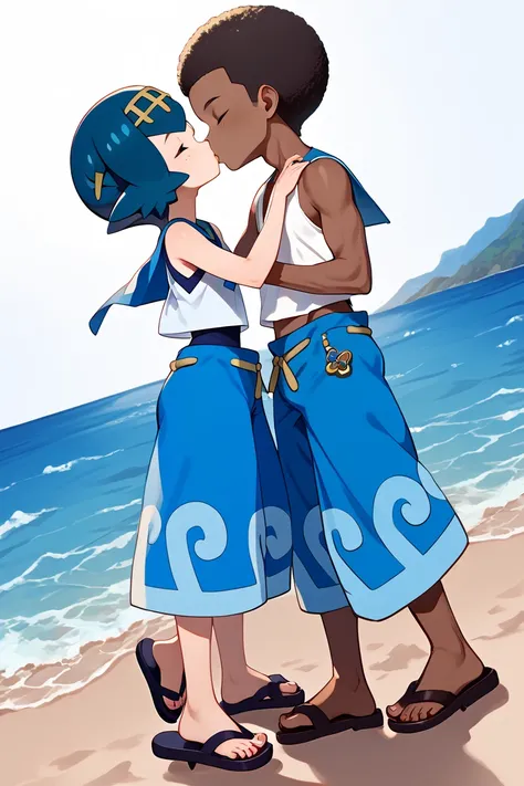 1girl, lana (pokemon),  2default2, yellow hairband, swimsuit under clothes, blue swimsuit, white shirt, sleeveless shirt, baggy pants, blue pants, blue sailor collar, sandals, wave pattern pants, indoor,hotel,cowboy shot, blushing, incoming kiss, closed ey...