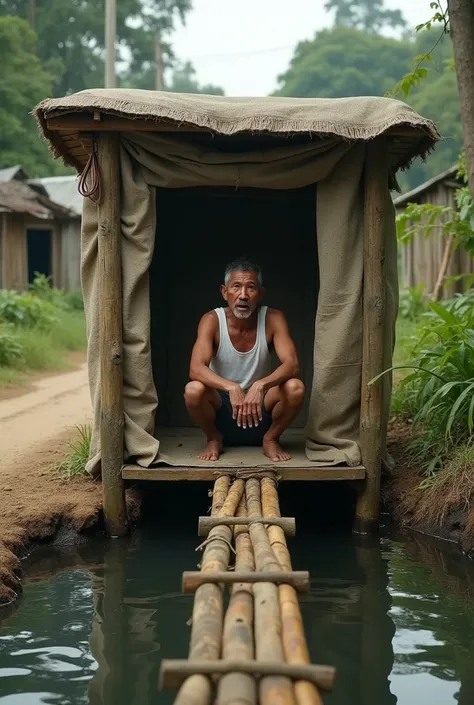 Indonesian man, 40 years old, Mustache and thin beard,thin, neat cropped hair,White singlet,Squatting behind a cover made of sack,In a toilet with walls made of used sacks full of patches,(The toilet does not have a roof),There is a bridge made of two whol...