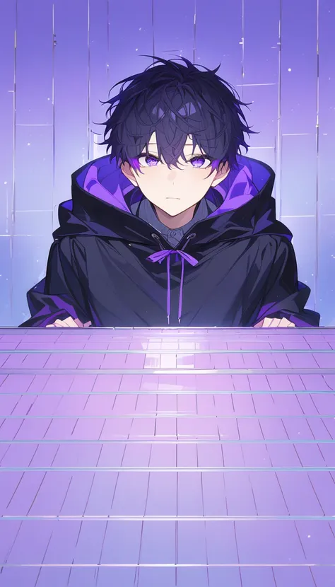  handsome, Alone,1 teenager、 facing here、 charming eyes、masterpiece,  best quality, Im looking at this, purple eyes、 black hair、 black hood、 No Emotion、 charming eyes、 short hair 、 cool vibe。From the chest up、Purple hair tips。The tips of my hair are slight...