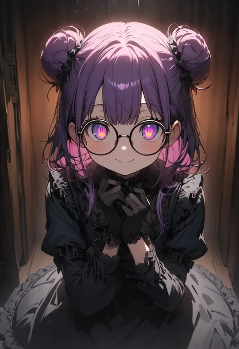 Long purple hair , Wearing black gothic lolita clothes, Gothic Lolita, fullbody, round glasses, straight hair, Front Light ,Cute 2D, Front lighting 、( for a woman with bristles、masterpiece、 high definition 、 Details)、animeスタイル、 Flat Style 、(Shining Eyes、 D...