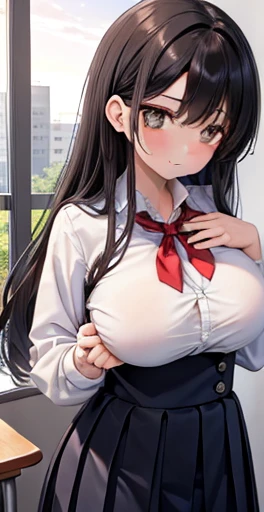   Masterpiece ,  best quality, ( 1 Faceless Boy: 1.3), (Boy Grabbing My Chest : 1.1),  1 girl.  ( school uniform:1.2),   Long Black Hair, Brown Eyes ,(classroom:0.8), (sunset:0.7),(Average bust:1.4), (A lonely smile:0.8)、 big breasts、