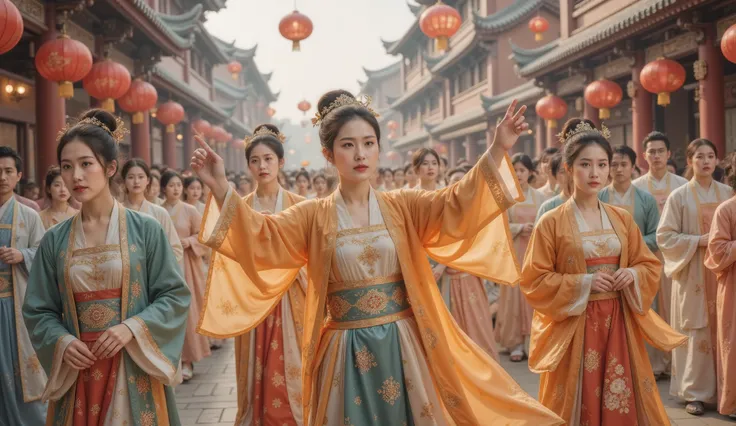 Tang Dynasty,Girl wearing Hanfu,spring,The people in Changan City greeted ,Girls are in a group of men, women, the elderly and children, full of joy but I cried like a child,But there were tears in the corners of my eyes 。