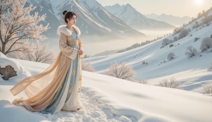 Tang Dynasty,The girl wears a fur-collar Hanfu ,winter, The girl leaves footprints in the snow,Looking forward to the arrival of spring 。
