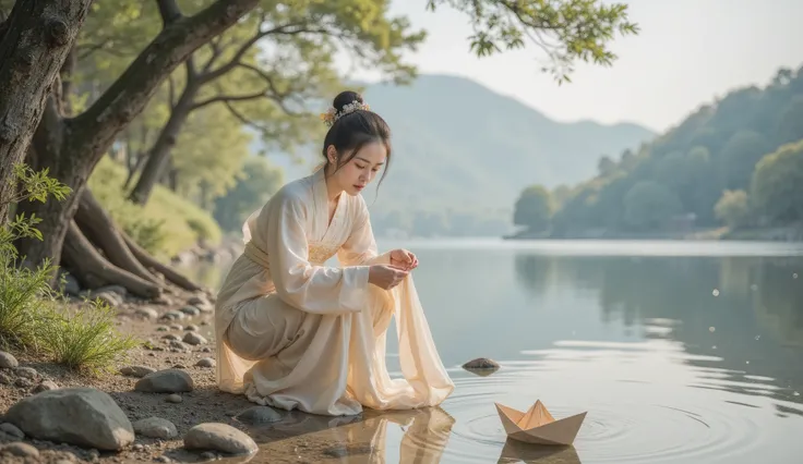 Tang Dynasty,Girl wearing Hanfu,summer,The girl crouched down by the river to wash her clothes, The feeling of nostalgia flows like a river。There is a small paper boat floating in the river