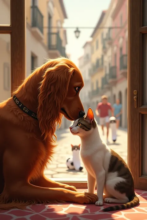 Irish setter dog sitting on the floor with its forehead resting on a white and brown cat in a gesture of affection .  Behind a window shows a baroque-style street with ren playing soccer with a ball made of white socks. 