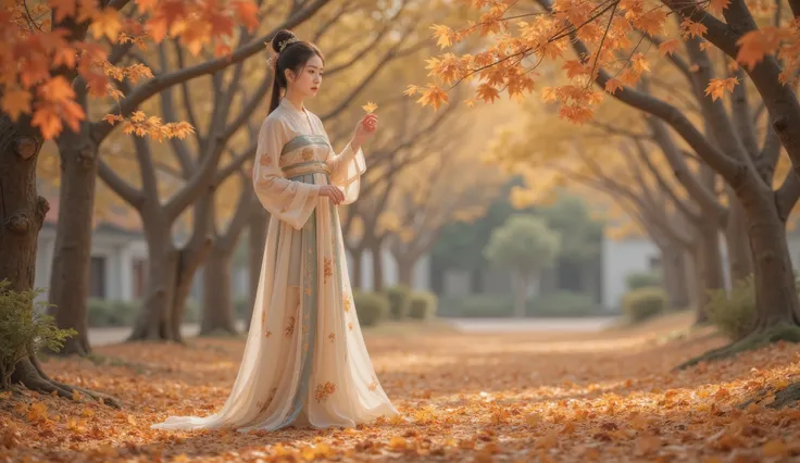 Tang Dynasty,Girl wearing Hanfu,autumn, The girl walked through the fallen leaves ,Lift up a leaf , and look into the distance , The back holds up thoughts about the boy。