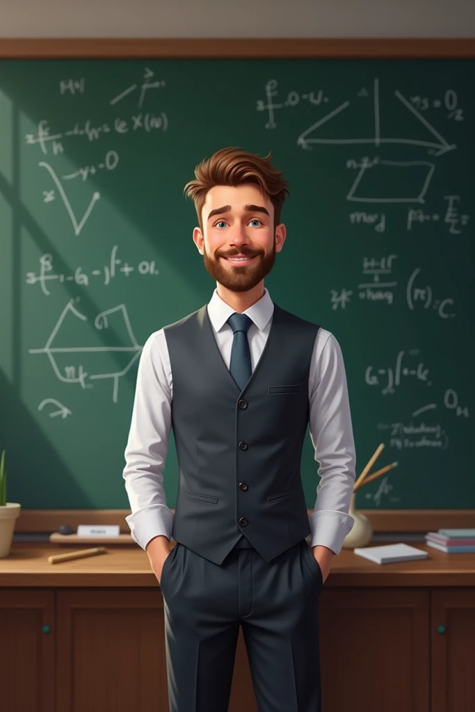 Handsome 23 years old young mathematics sir with blackboard on the wall