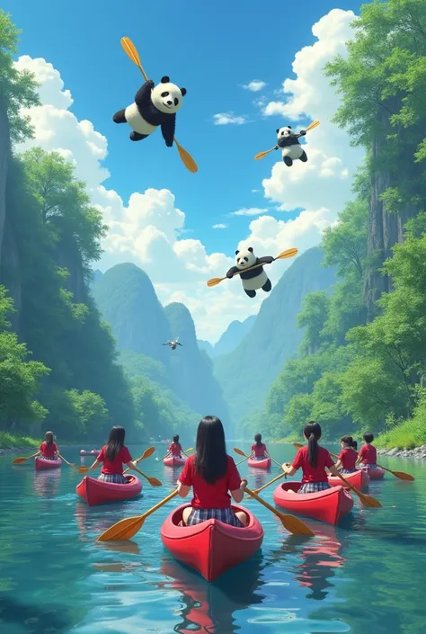 ((best quality)), ((masterpiece)), (detailed), 1girl, 川でカヌー乗りをしている high school girl、Japanese pretty girls, everyone is in red uniform wear 、 wearing red shorts、There are three canoes 、 high school girl８ people paddling a boat 、 high school girl、Flying Pand...