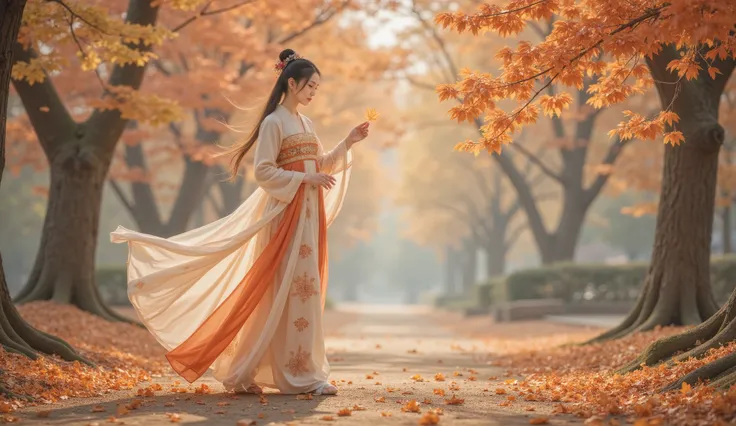 Tang Dynasty,Girl wearing Hanfu,autumn, The girl walked through the fallen leaves ,Picking up a leaf , holding her thoughts on the boy。