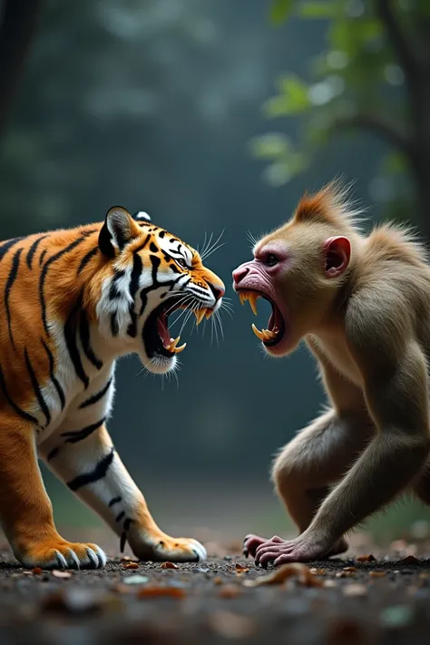 Give me detailed instructions on these two "First, create an image where a [Give me detailed instructions on these two "First, create an image where a [Tiger] and a [Monkey] are placed together, both furious  facing each other. Make sure the background mat...