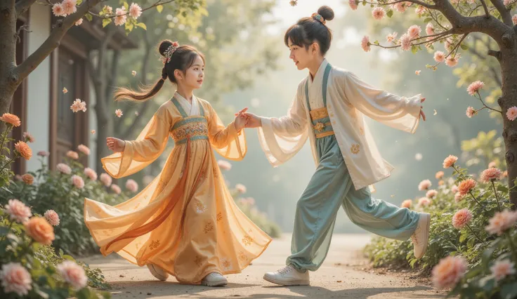 Tang Dynasty,Two people,Girl wearing Hanfu,Boy chasing girl ,Two people在花丛中欢笑。The boy suddenly stopped , and said to the girl in a playful tone : “When I grow up I must marry you and go home。” The girl looked down shyly , and his face turned red 。