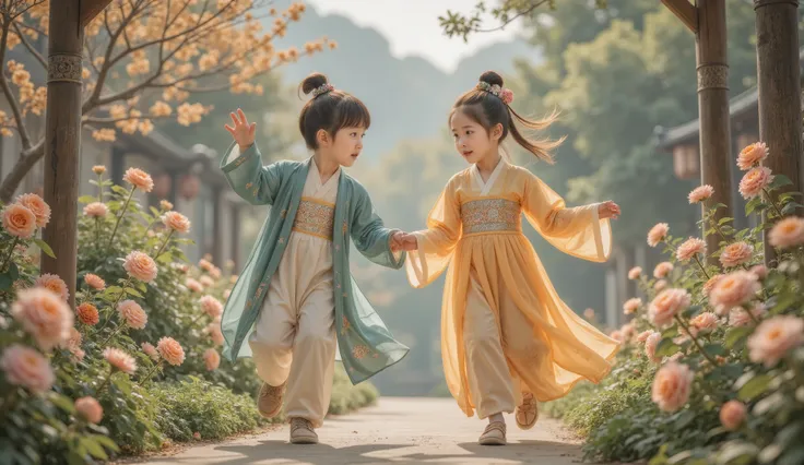 Tang Dynasty,Two people,Girl wearing Hanfu,Boy chasing girl ,Two people在花丛中欢笑。The boy suddenly stopped , and said to the girl in a playful tone : “When I grow up I must marry you and go home。” The girl looked down shyly , and his face turned red 。