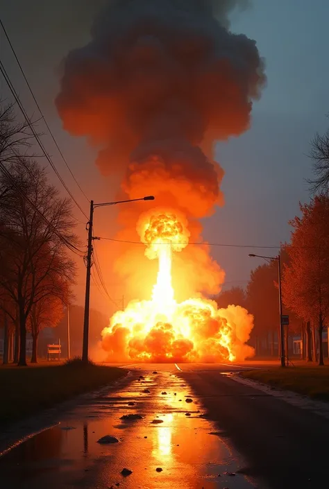 A large explosion on Bankova Street in Kiev from a missile landing, the Ukrainian flag is burning, the street is devoured by fire. Ukraine, Kiev, the office of the President of Ukraine. Documentary photo for the cover of NYT magazine, Politico. The afterma...