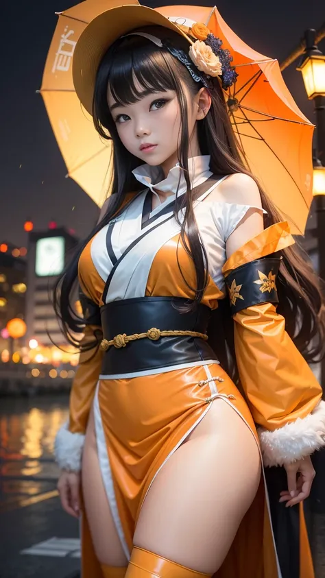 １８ -year-old Japanese with long hair and light waves ,bangs、 beautiful Japanese girl in a Halloween costume 。bright orange costume 、cute props 、 cityscape with Halloween decorations in the background。She stares at the photographer with an indecent gaze （ph...