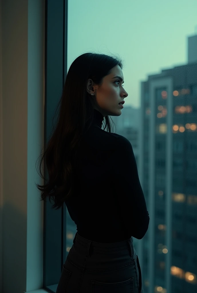 A contemplative scene where a woman in her early 30s with long dark hair and green eyes stands by a window, looking out at the cityscape at dusk. Her reflection in the glass shows a thoughtful expression, symbolizing the anticipation of uncovering her past...