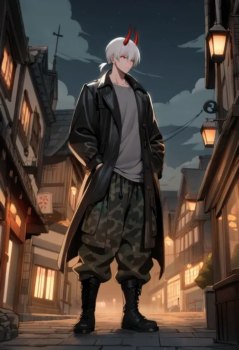 1man, tall, pale, (red eyes, white hair, short hair, medium ponytail, medium red horns), town, night, (grey tshirt, black leather trench coat, dark green camo pattern baggy pants, black military boots, black fingerless gloves), hands in pockets