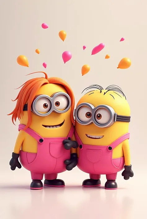 Two Minions in pink clothes and tidy long hair
