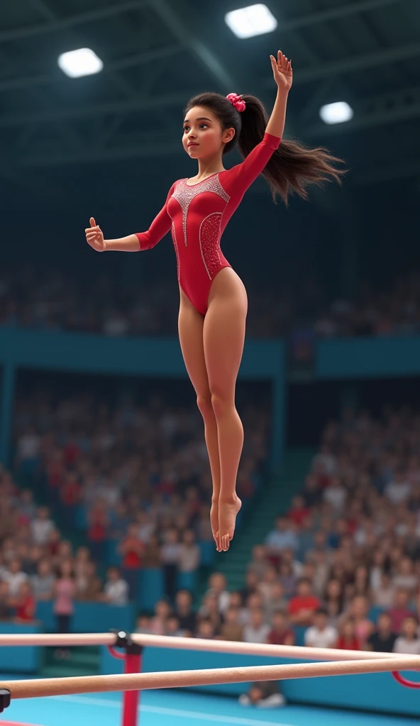  Nadia is only , performing an impressive jump on the asymmetric bars. The background is blurred with an audience applauding .  Her body is extended gracefully and precisely in the air .
