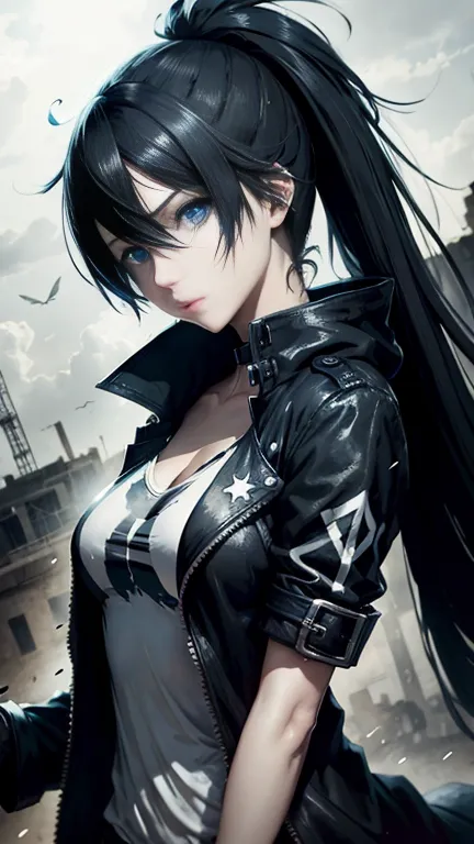 black rock shooter, trench coat, t-shirt, blue eyes,