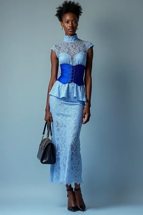 Imagine a medium fair Nigerian lady putting on a sky-blue Chantilly lace turtle neck top on a straight skirt made of sky-blue lace and a royal blue corset with black heels and black handbag