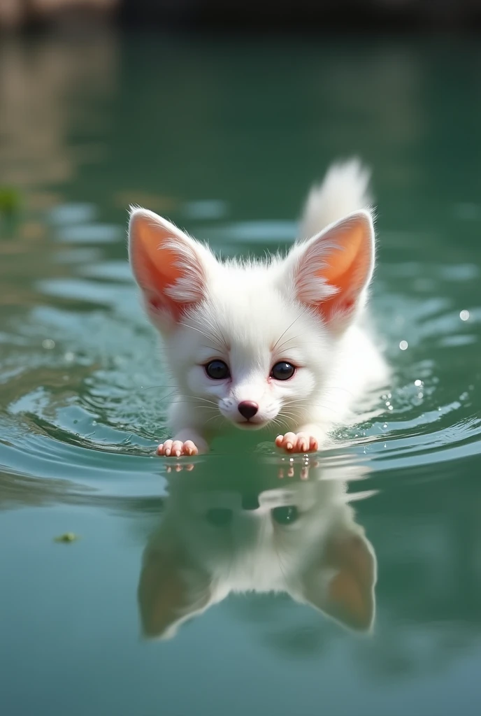 Realistic 8k photo of White Cute fennec fox swimming