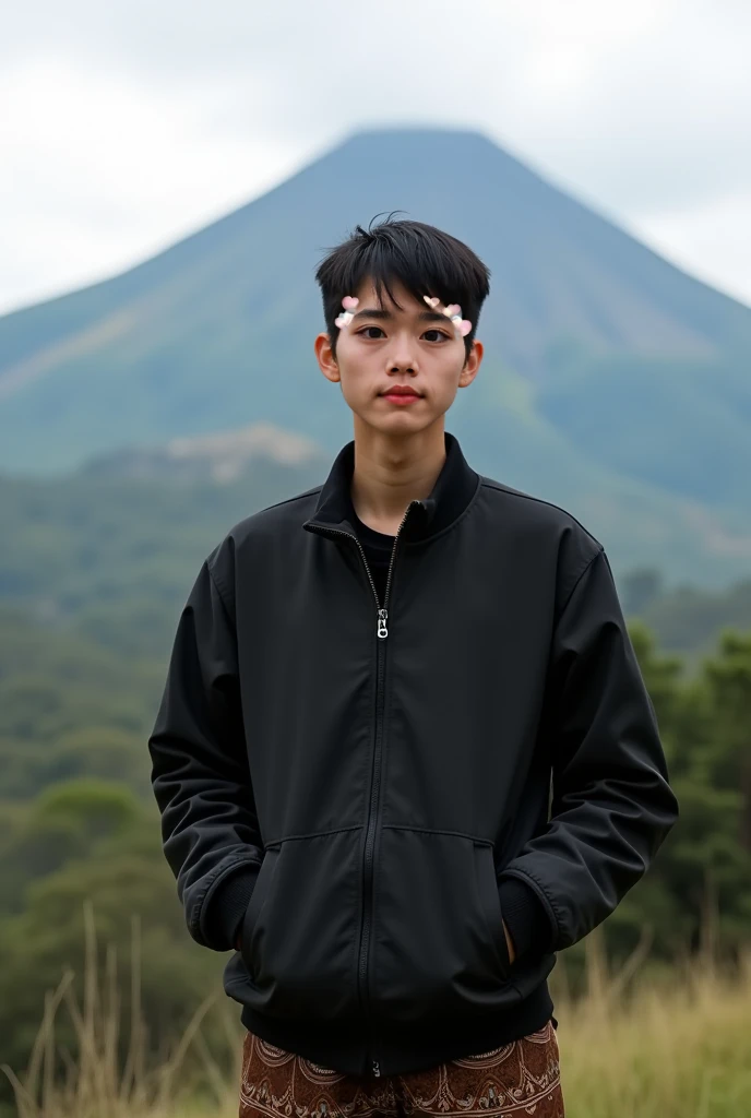 Real human. Photo, bodynfacung forward, Aziz is Indonesian young man, short straight black hair, white skin, black expressive eyes, medium body, wearing zipped up  black jacket, brown batik motive  pant, sstanding and watching friendly, background is mount...