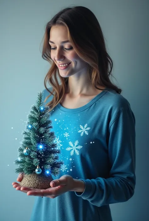  beautiful modern adult woman of 40 years old with a Christmas tree in her hands at chest level, a three-dimensional blue u, snowflaked ,  very beautiful photo ,  double exposure ,  letter u at chest level 