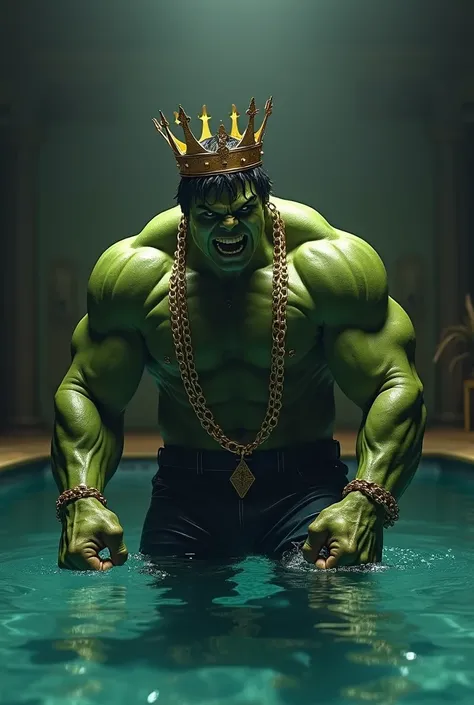 THE HULK wit a golden Crown on the head he is angry with gold Star of David chain with .  dramatic shadows, he stand in a swimming pool Throws a chair at the people outside  water , cinematic, dark fantasy, portrait photography--64k, UHD, Shot with Canon E...