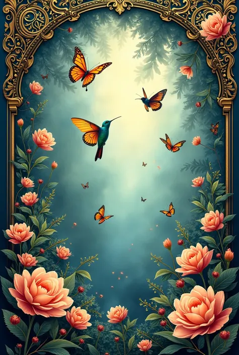  as if it were a book cover, with arabesques , flores, hummingbird, butterflies. Written Once Upon a Time .