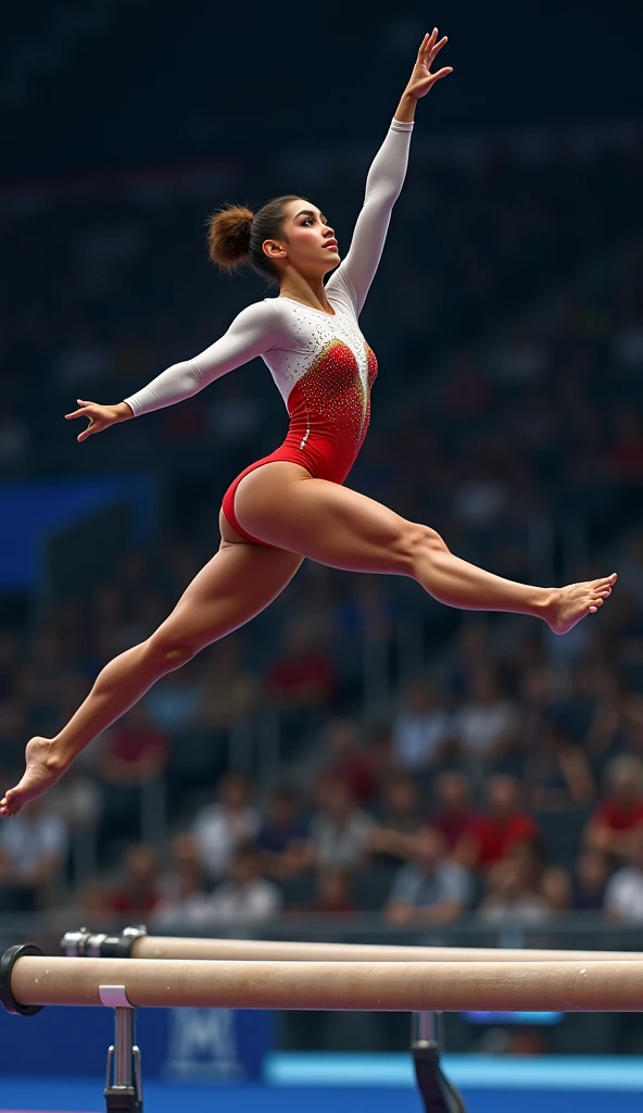 Nadia, only  ,  , performing an impressive jump on asymmetric bars. The background is blurred with an audience applauding .  Her body is extended gracefully and precisely in the air .
