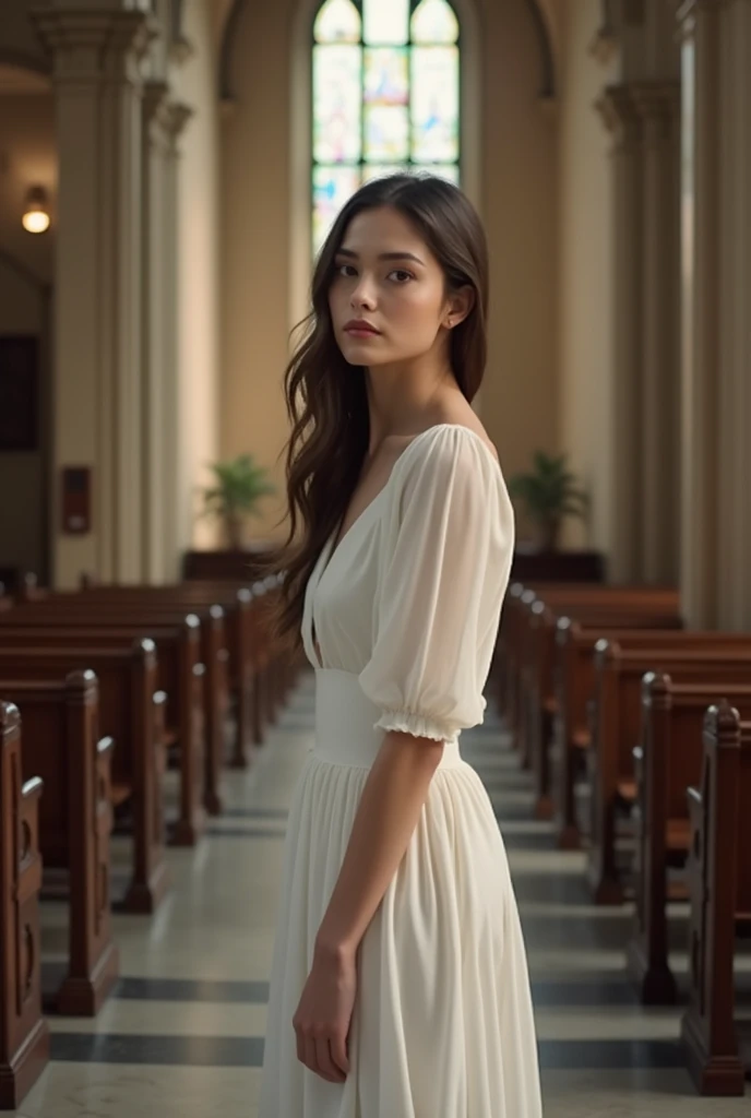 A beautiful women, facing in front, standing in church, wearing a formal white dress 