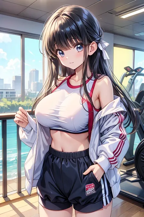 Big Breasts、  、 long hair、  Gym clothes 、Bloomers、   straight hair 、 no bra、Im rolling up my jacket