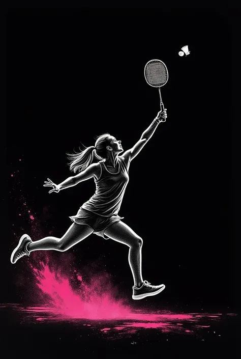 Dark black background
outline drawing with white crayon showing 
silhouette of a jumping up woman playing badminton
the painting has pink powder stains in several places 
