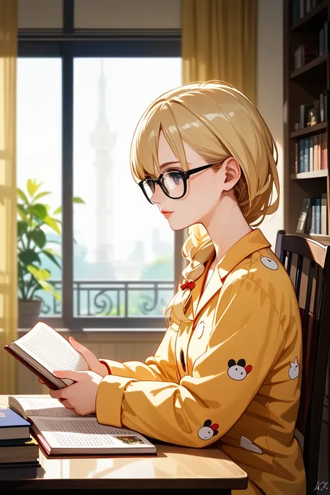 ((hyper super ultra detailed perfect piece)),illustration,masterpiece,(extremely detailed CG 8k),(very fine 8K CG) ,(masterpiece), (best quality), (ultra-detailed), amazing,((absurdres, attractive)),indoor,from side,daylight,
1girl, no frame glasses, blond...