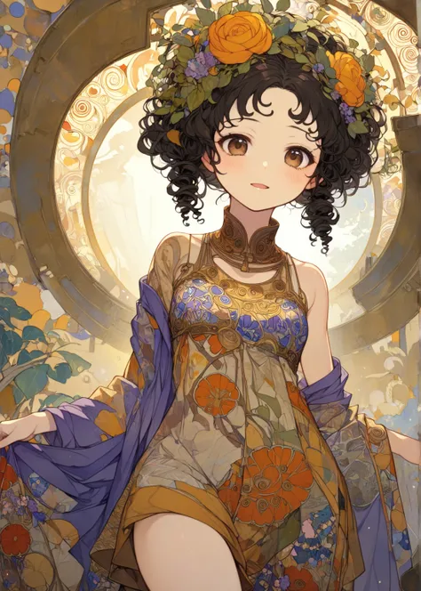 Ancient City Ruins, 1 girl, large head, little fat, smile, half open mouth, brown eyes, forehead, black curly hair, low twintails hair, floral pattern modern clothes, Decolletage, medium tits, morning, cute action, shy, legs, looking away, Gustav Klimt: ar...