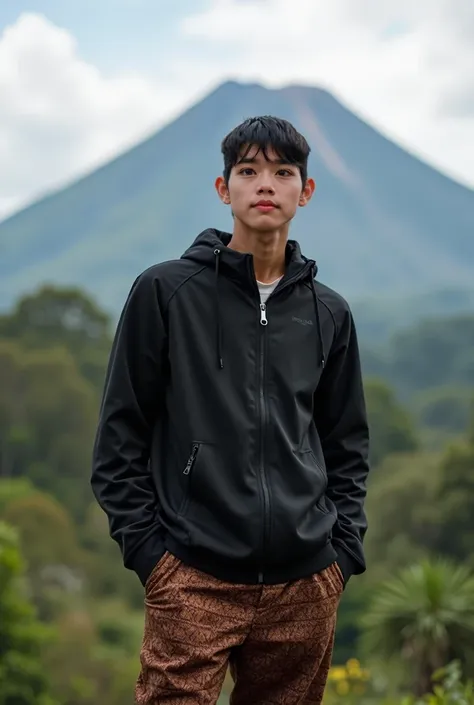 Real human. Photo, bodynfacung forward, Aziz is Indonesian young man, short straight black hair, white skin, black expressive eyes, medium body, wearing zipped up  black jacket, brown batik motive  pant, sstanding and watching friendly, background is mount...