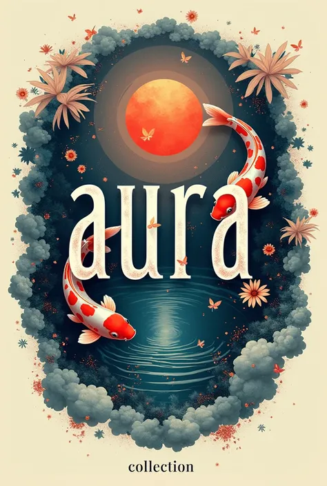 A poster on a deserted exterior koi fish, Cut into the shape of letters, (text:"AURA") The word, Big Bold, Draw inside the cutout, BREAK Art that inspires creators to create images, An aesthetic world that unfolds behind the characters, Creating a sense of...