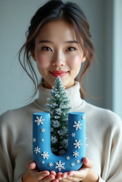  beautiful modern adult woman of 40 years old with a Christmas tree in her hands at chest level, a three-dimensional blue u, snowflaked , the letter u at chest level in the hands is a letter