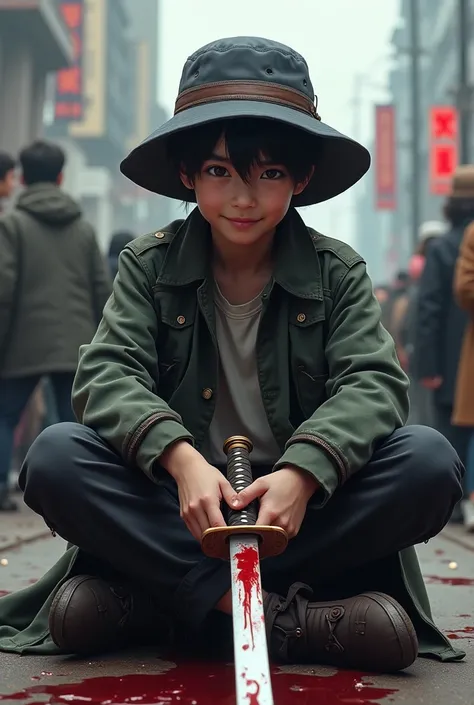 An AI person, teen boy with a hat, with a katana, not showin his face, sitting on a overcrowded bridge, smile on his face, blood on his hands, portrait, best quality