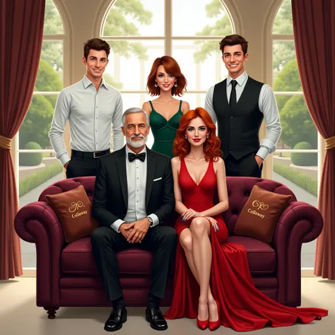 A beautifully detailed digital illustration of a family portrait set in an elegant mansion. At the center is a luxurious two-seater sofa, upholstered in deep burgundy velvet with two cylindrical cushions embroidered with the word "Colloway".

Seated on the...