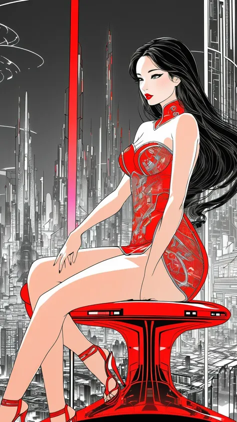 A minimalist line art stilish elegant illustration of a gorgeous long haired oriental woman sitting on a futuristic design high stool , side view, full red lips, in front of a large glass panel, with a view of a colorful futuristic sci fi city . She is wea...