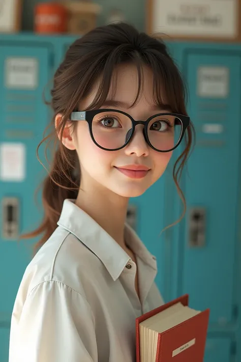 Create a photo of a female nerdy female student from American High School