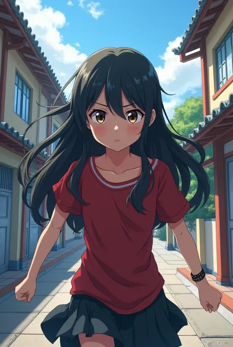 Anime school long hair black brown eyes competive