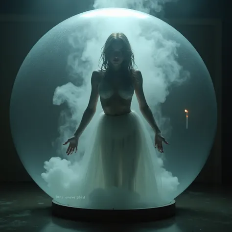 Full-length womans body inside a transparent glass ball, she stretched her arms forward and leaned her palms against the wall inside the ball, thick wet steam hid the womans entire body, the body hides the steam, she is not visible, drops, streaks inside, ...