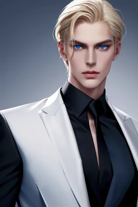 A sexy tall man with a defined body with white skin and smooth blond hair, blue eyes and black clothes